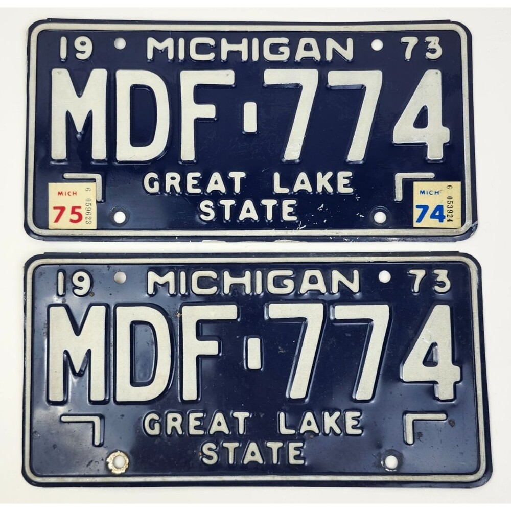 1973 State of Michigan License Plate (Set of 2) Great Lakes State MDF-774